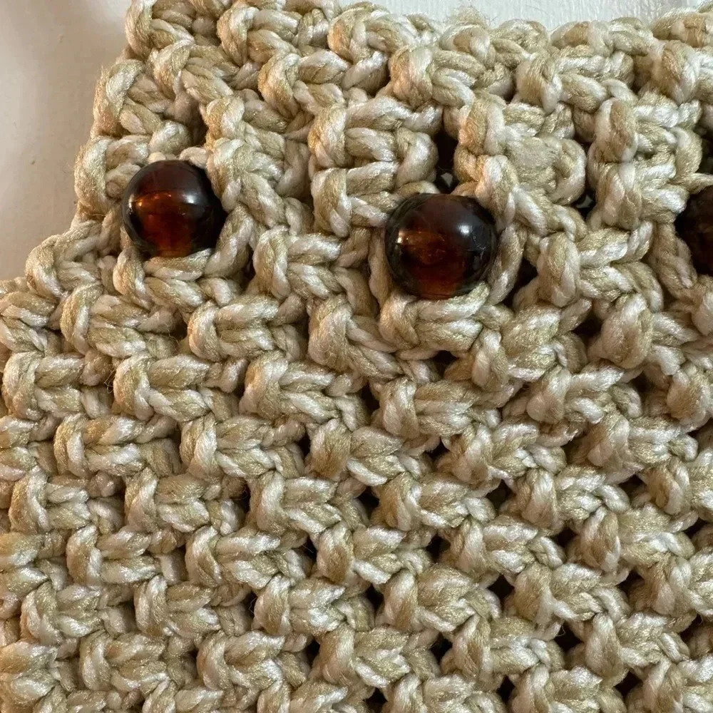 Vintage Handmade Macramé Purse Wooden Handles 70’s 80’s Hippy Kitschy Bohemian - Picture 3 of 13